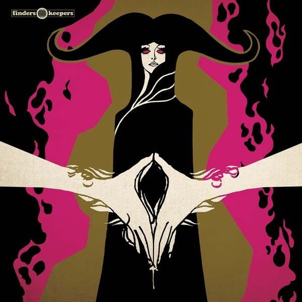 Stylized illustration of a woman with horns against a pink and black background.