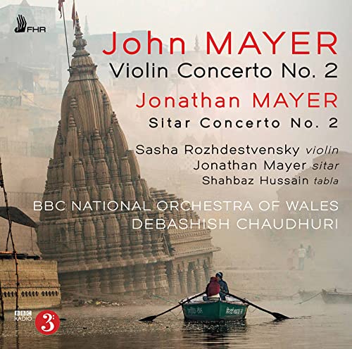 CD cover featuring a temple, boat, and composers John and Jonathan Mayer.