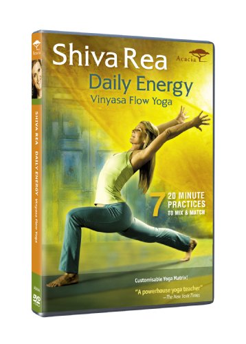 DVD cover for Shiva Rea's "Daily Energy" yoga practice, featuring a woman in a pose.
