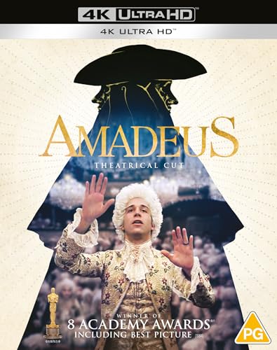 “Amadeus” Blu-ray cover featuring Mozart in 18th-century attire, shadowed by Salieri.