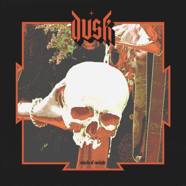 Album cover with a skull, stylized text, and an orange border on black background.