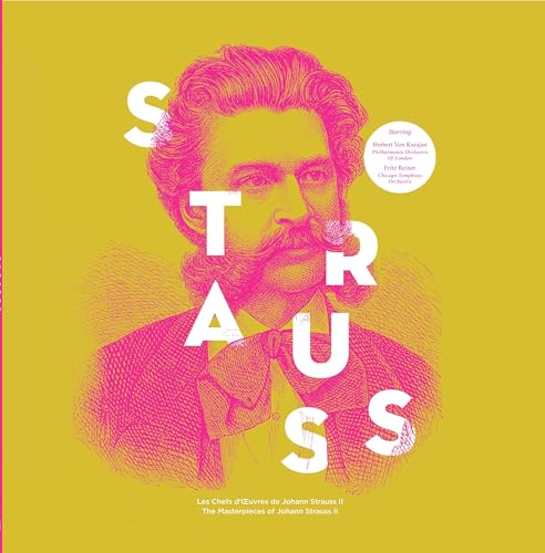 Yellow album cover featuring a portrait of Johann Strauss II in pink.