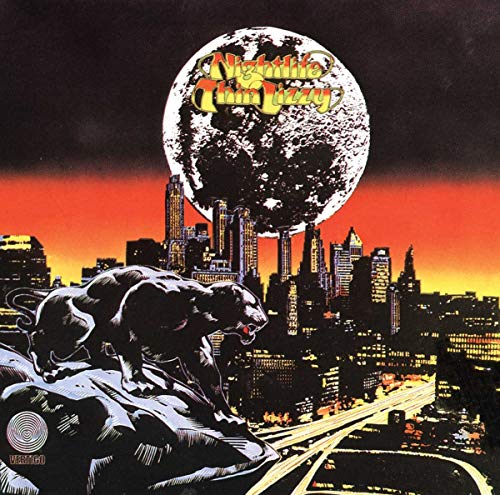 A panther on a rock overlooks a city skyline under a large full moon.