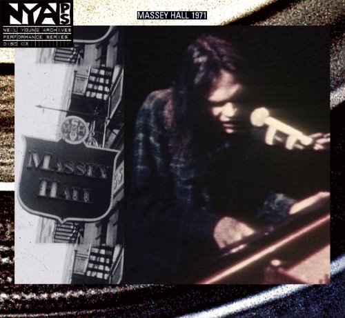 Neil Young playing piano, with a vintage Massey Hall sign in the background.