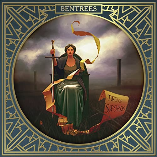 CD cover: woman seated with swords, stormy sky, ornate frame.