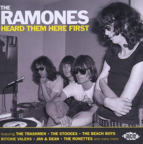 Black and white photo of The Ramones with text overlay on a CD cover.