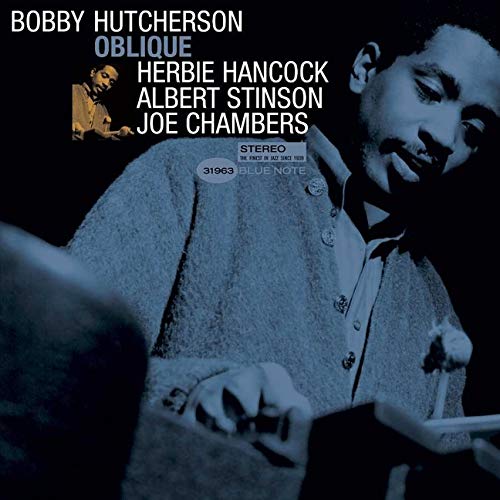 Bobby Hutcherson's "Oblique" vinyl album cover featuring a portrait of Hutcherson.