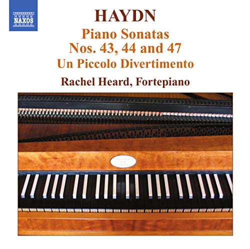 CD cover for Haydn piano sonatas performed by Rachel Heard, with a fortepiano.