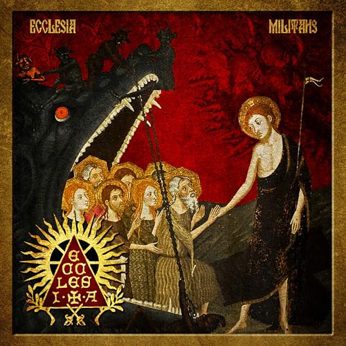 Medieval-style illustration of figures facing a large, dark, monstrous mouth.
