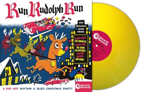 Run Rudolph Run" vinyl record with yellow disc and illustrated cover.