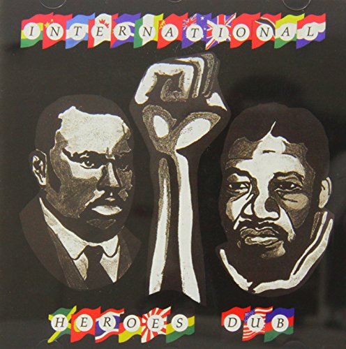 CD cover featuring two portraits, a raised fist, and international flags on black background.