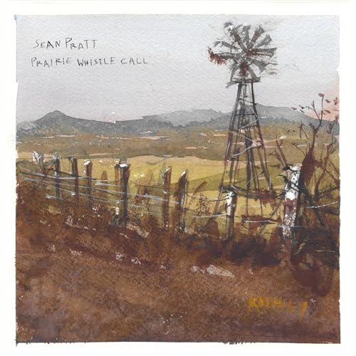 Watercolor painting of a prairie landscape with a windmill and fence.