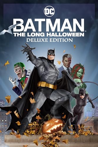 Batman stands with villains Joker, Catwoman, and Poison Ivy amid falling leaves.