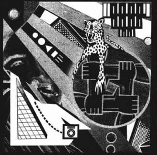 Black and white album cover with a leopard, face, and geometric shapes.