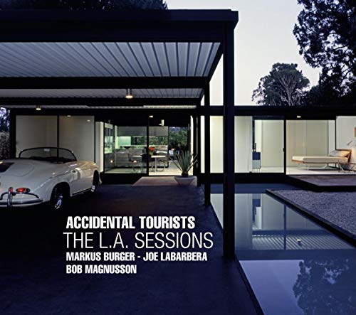 CD cover with mid-century modern house, car, and text: “Accidental Tourists.”