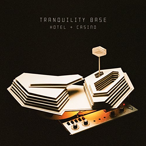 Arctic Monkeys album cover: stylized hotel and casino illustration on black.