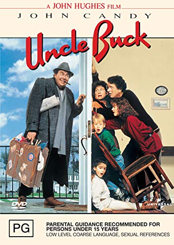 Uncle Buck" DVD cover featuring John Candy with a family at a doorway.