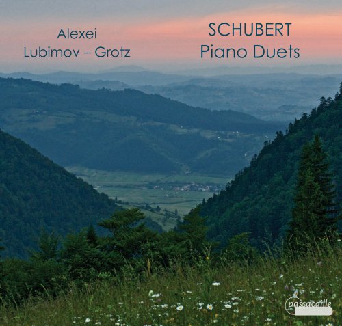 CD cover with misty mountain landscape and text: “Schubert Piano Duets.”