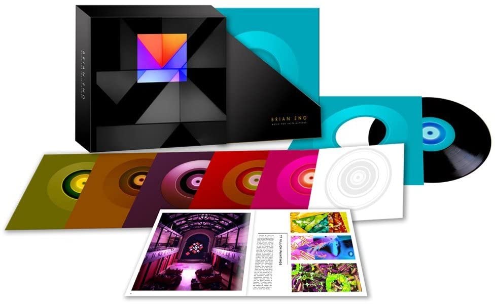 Brian Eno "Music For Installations" vinyl box set with colorful records.