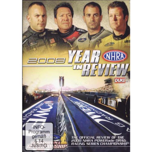 DVD cover for “Nhra Drag Review 2008” featuring drivers and a race scene.