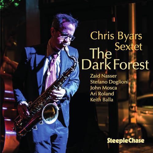 Chris Byars playing saxophone on album cover, “The Dark Forest.”