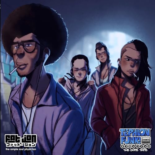 Illustration of four people with headphones, album cover for "Tephlon Funk.