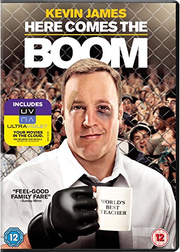 DVD cover for "Here Comes The Boom" featuring Kevin James with a bruised face.