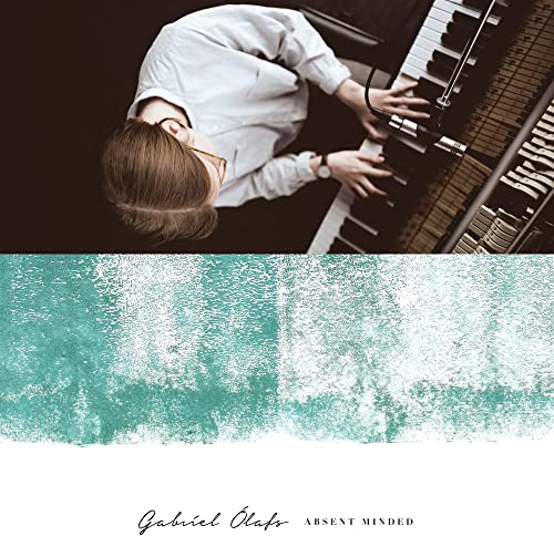 Man playing piano, split image with abstract teal water texture below.