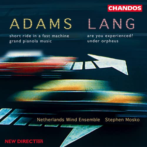 CD cover for “Adams/Lang: Wind Music” with abstract blue and red shapes.