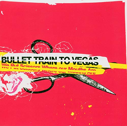 Red album cover with black scissors and train illustration, text overlay.
