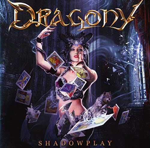 Dragony "Shadowplay" CD cover: woman with cards, wolf, and ornate architecture.