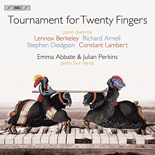 CD cover: "Tournament for Twenty Fingers" with painted knights on piano keys.
