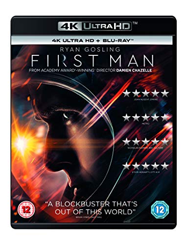 First Man 4K Ultra HD and Blu-ray cover featuring Ryan Gosling in a spacesuit.