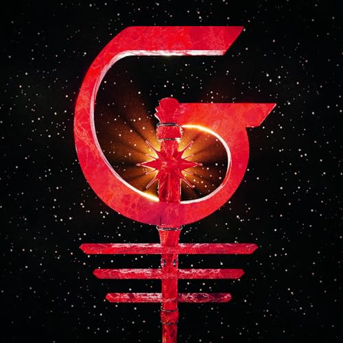 Red, ornate letter “G” with a starburst on a black, speckled background.