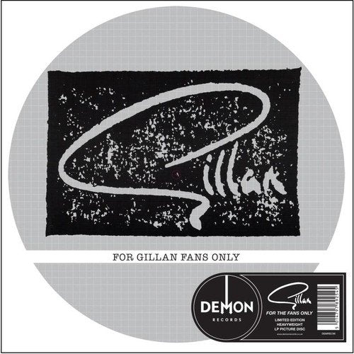 Black and white vinyl record with "Gillan" logo and text details.