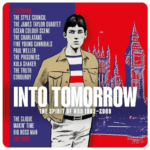 CD cover: man in jacket with London skyline, text “Into Tomorrow”.
