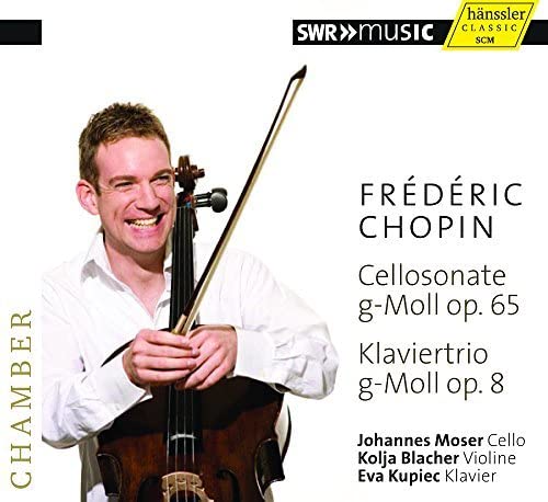 CD cover featuring a smiling man holding a cello with text for Frédéric Chopin.