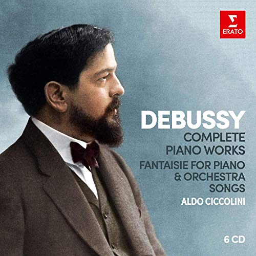 Portrait of Aldo Ciccolini with "Debussy: Complete Piano Works" text overlay.