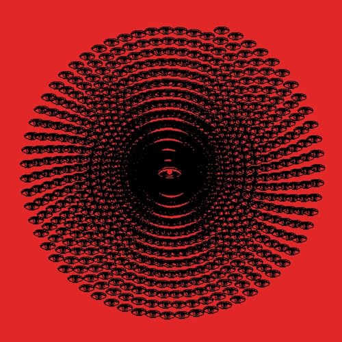 Red background with a circular pattern of many black eyes.