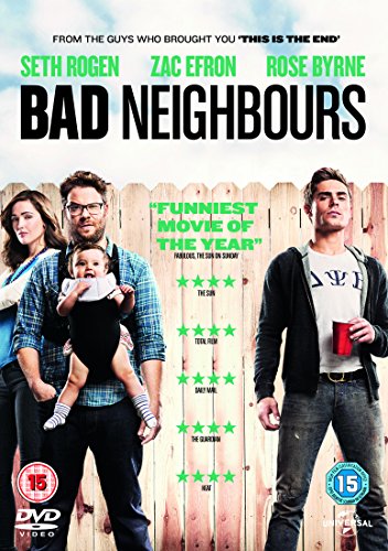 Bad Neighbours" DVD cover featuring Seth Rogen, Zac Efron, and Rose Byrne.