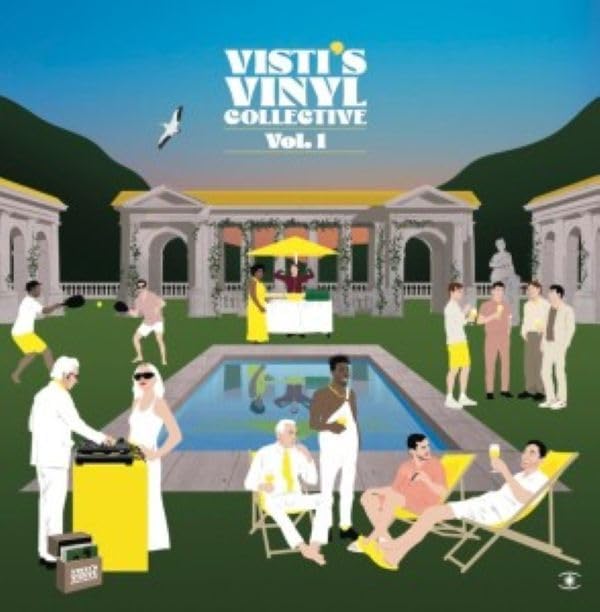 Record cover depicting people relaxing by a pool and playing tennis.