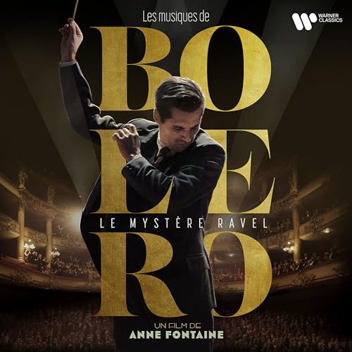 Conductor leading orchestra in theater, "Boléro - Le mystère Ravel" album cover.