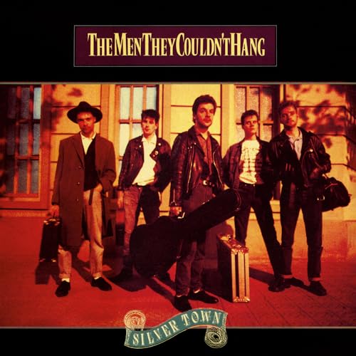 Five men in 1980s fashion stand outside a building, album cover.