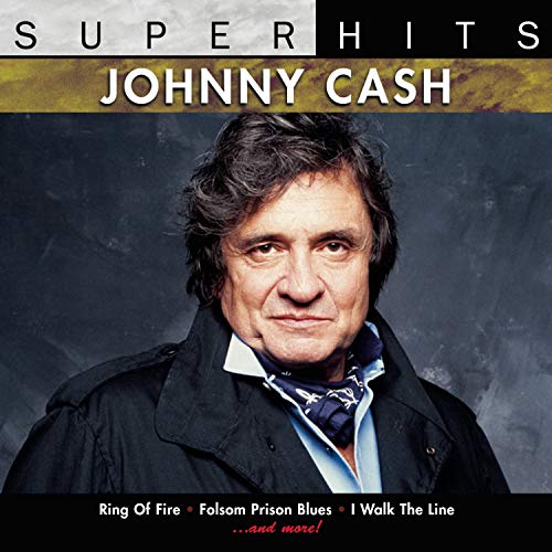 Johnny Cash portrait on a CD cover with text Super Hits and song titles.