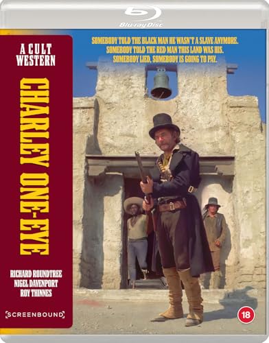 Blu-ray cover for the western film Charley One-eye featuring three men in front of building.