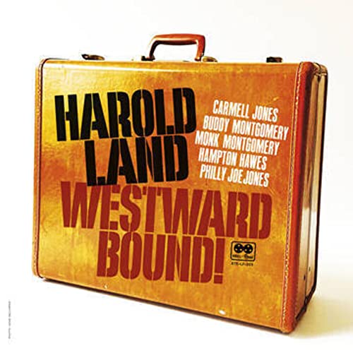 Vintage suitcase displaying album cover for Harold Land’s “Westward Bound!”