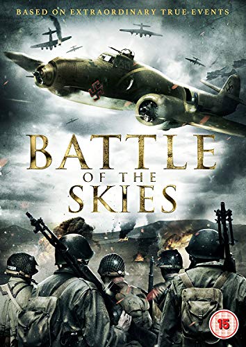 World War II planes in the sky above soldiers on the ground.