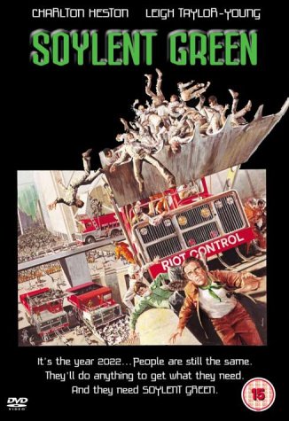 DVD cover art for Soylent Green showing a riot control vehicle scooping up people.