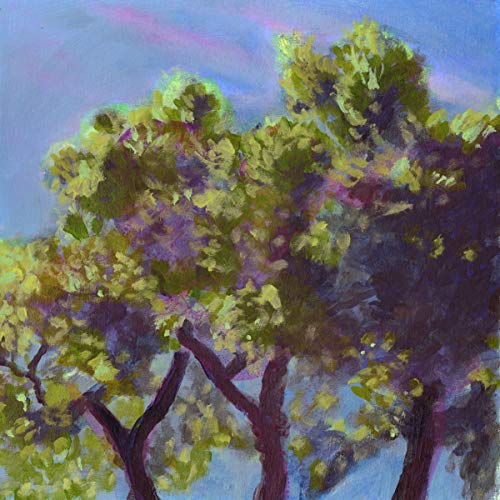 Impressionistic painting of trees with yellow-green foliage against a blue sky.