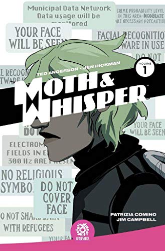 Comic book cover featuring a green-haired character against a background of surveillance warning signs.